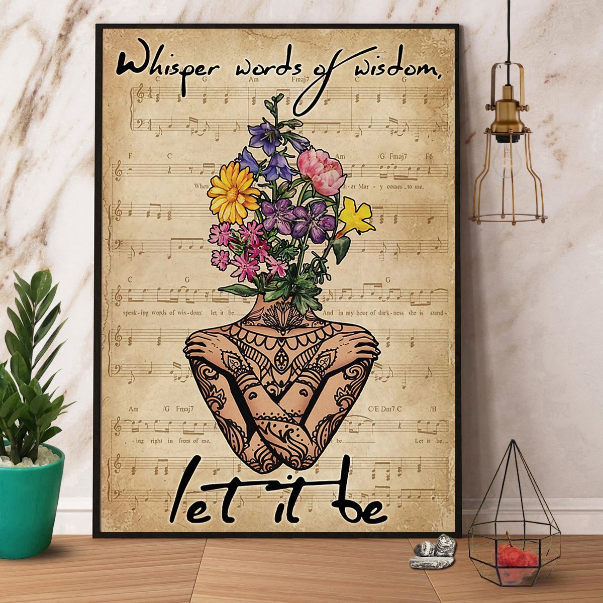 Yoga Flower Let It Be Sheet Music Vintage Poster No Frame