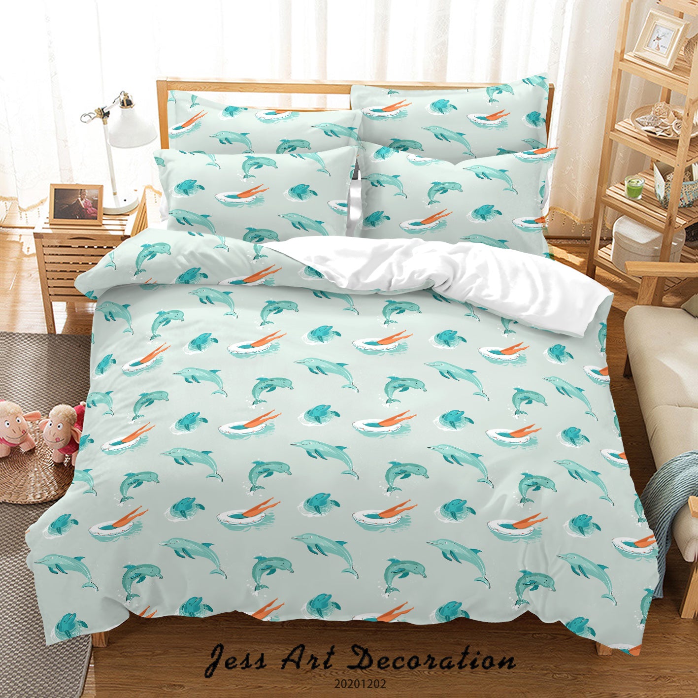 3D Hand Drawn Abstract Vintage Cartoon Summer Time Dolphin Fun Seamless Pattern Quilt Cover Set Bedding Set Duvet Cover Pillowcases Lxl