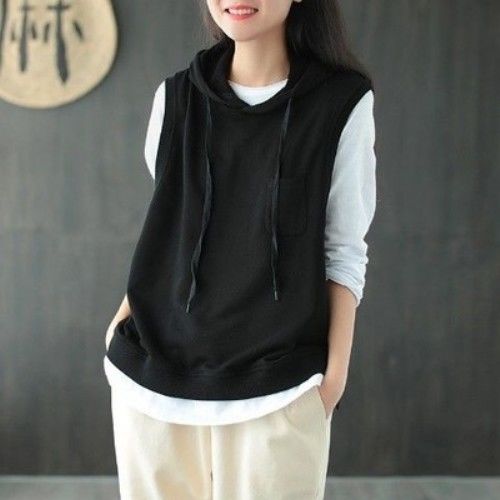 Women’s Cotton Hooded Vest Spring and Autumn Korean Fashion Loose Sleeveless Jacket Leisure Women’s Sleeveless Sweatshirt Za New alx