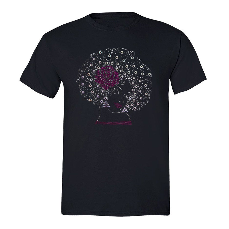 Xtrafly Apparel Men’S Tee Afro Lady Pink Rose Sequin Rhinestone Fashionista Sexy African Rasta Rastafari Jamaican Party Dj Crewneck T-Shirt