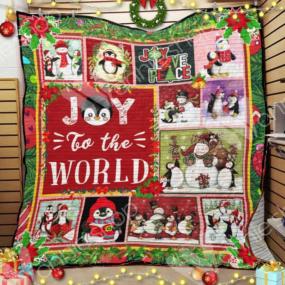 Penguin Christmas Joy To The World Joy Love Peace Quilt Blanket