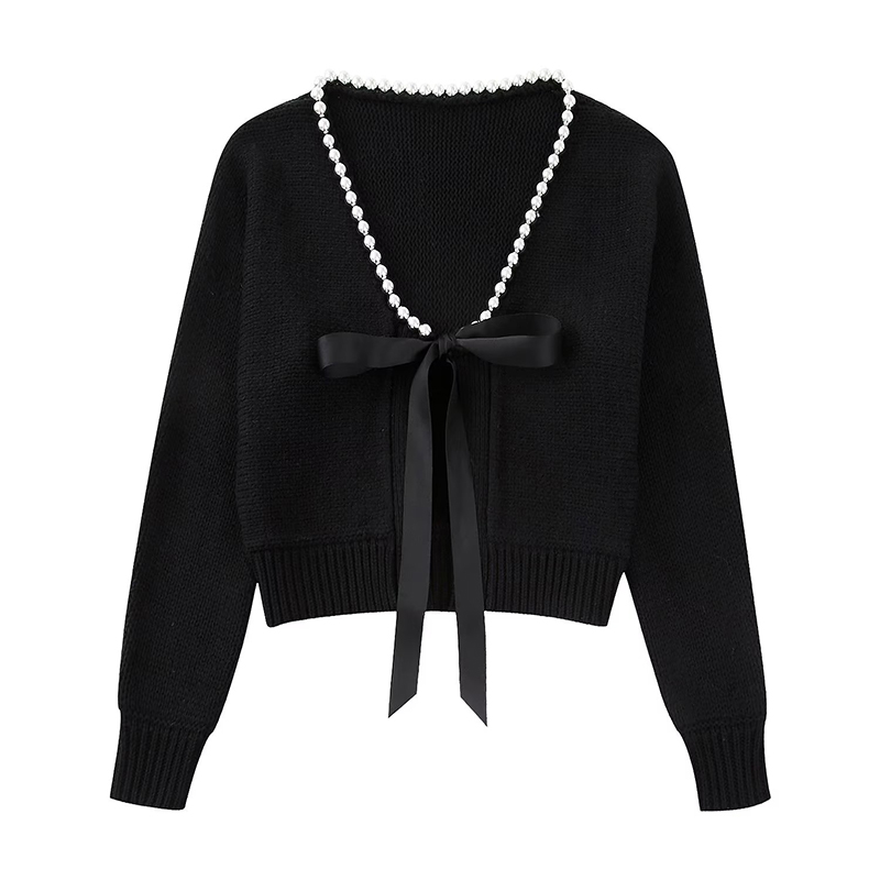 TRAF 2022 New Fashion Pearls Decorate Knitted Coat Long Sleeve V Neck Sweater Cardigan Women’s High Quality Tops BB221355 alx