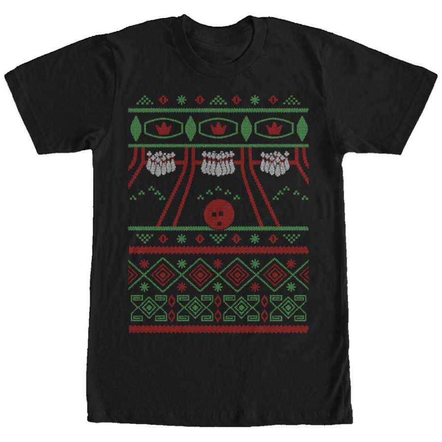 Lost Gods Men’s Ugly Christmas Bowling Print  T Shirt Black S