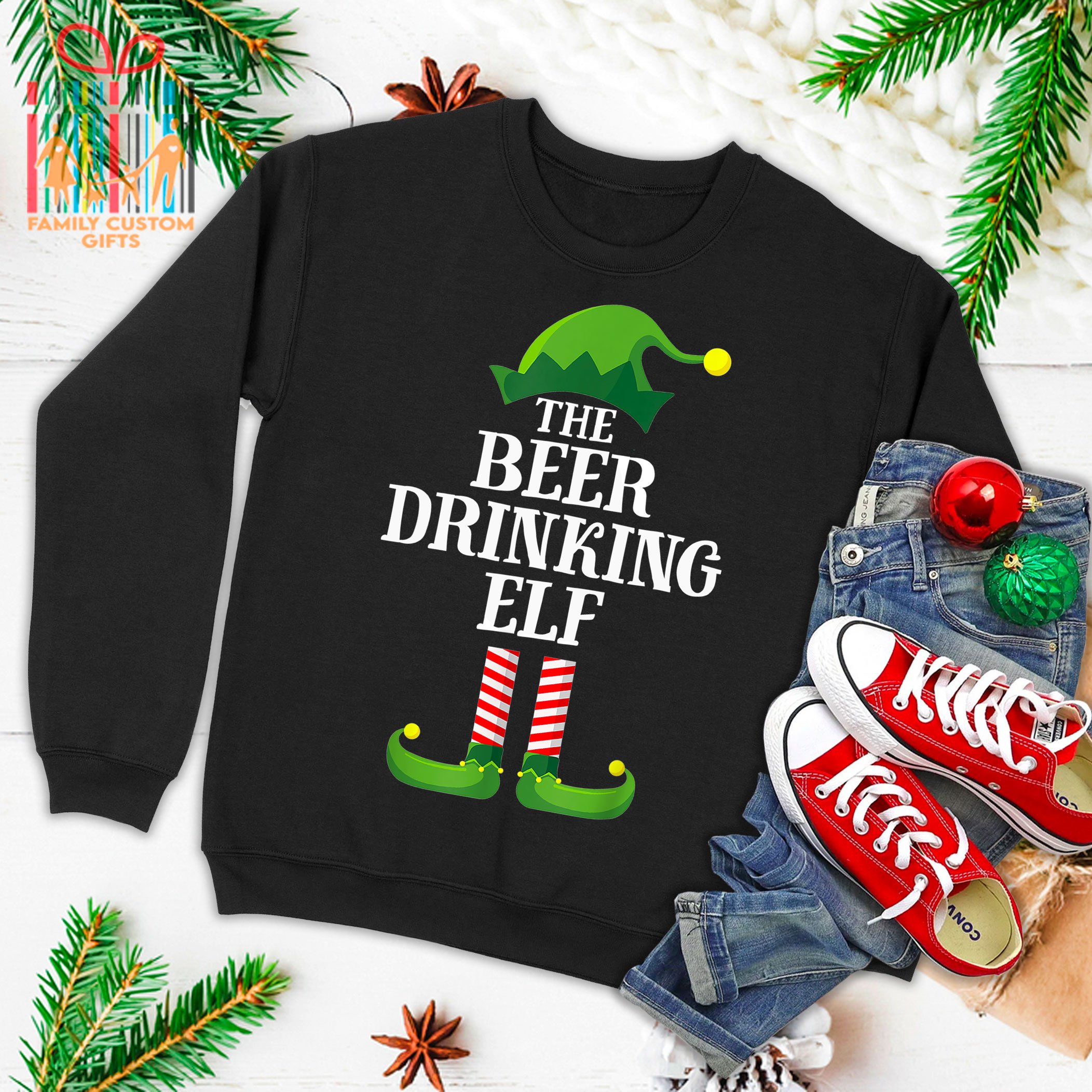 Beer Drinking Elf Matching Family Group Christmas Party Pj Ugly Christmas Sweater 2023 T-Shirt