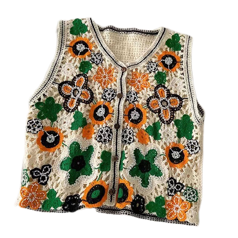 Women Hollow Crochet Knit Vest Waistcoat Beaded Floral Button Crop Cardigan Top alx