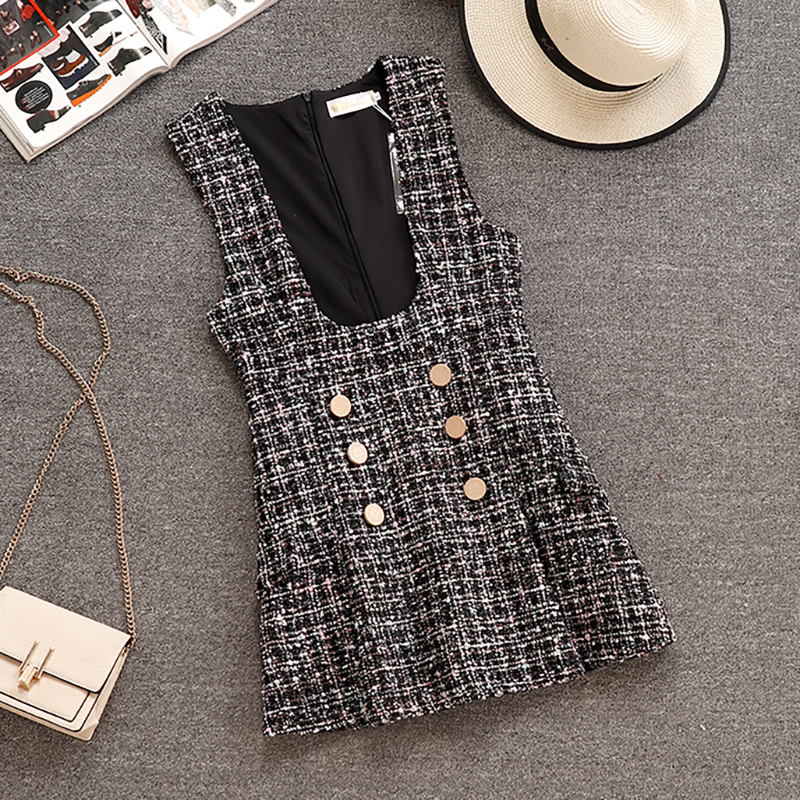 2021 Spring Autumn 2 Piece Set Dress Women Ruffles Bow Shirt Lace Top+Plaid Sleeveless Tweed Vest Dress Double Breasted Overalls alx