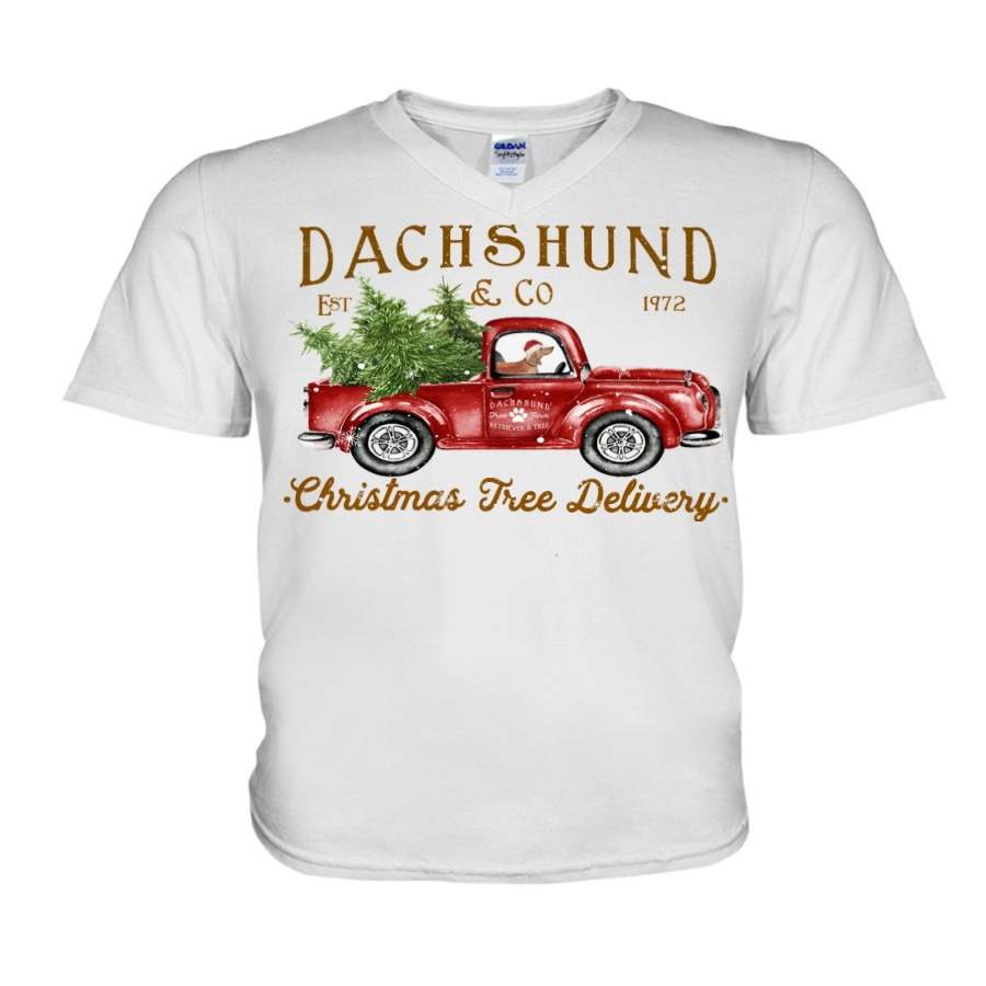 Wiener Puppy Drives Red Christmas Red Truck Guys V-Neck