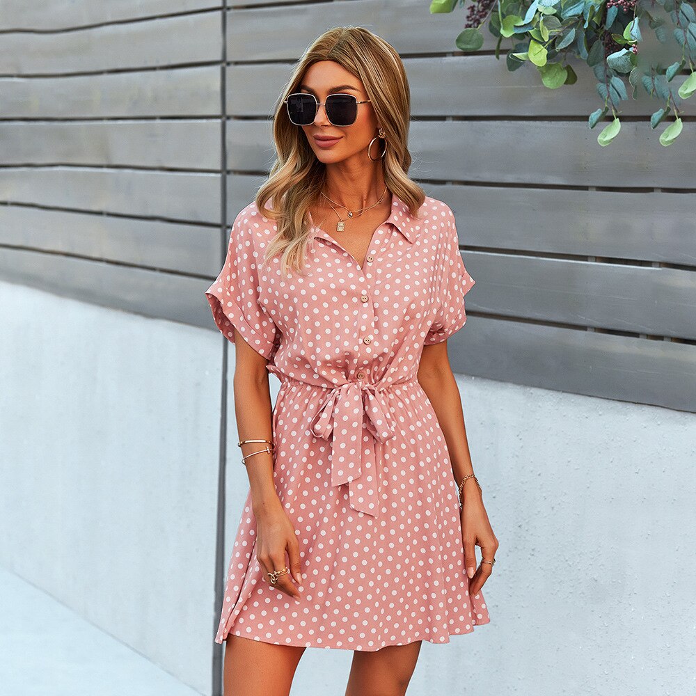 Women Beach Summer Dress Vestidos Shirt Dress Polka Dot Vintage High Waist A-line Mini Women Dresses Short Sleeve Robe Femme alx