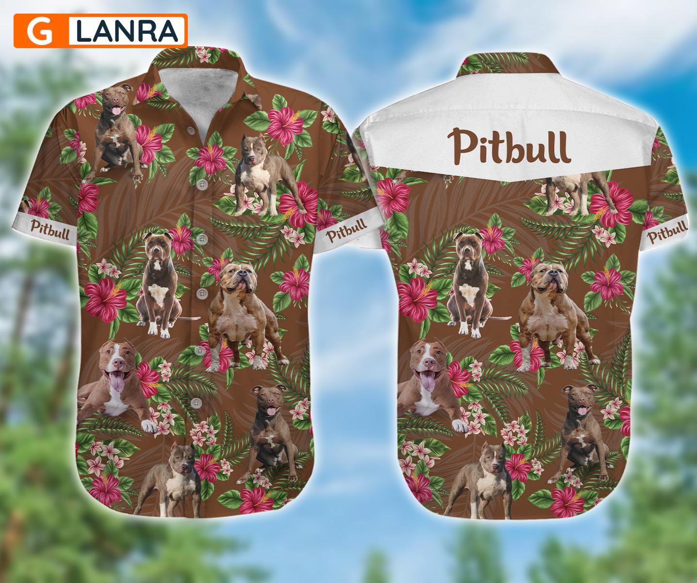 Pitbull Button Shirt, Pitbull Leaves Flower Button Shirt, Dog Flower Button Shirt, Dog Button Shirt, Summer Dog Hawaiian Shirt