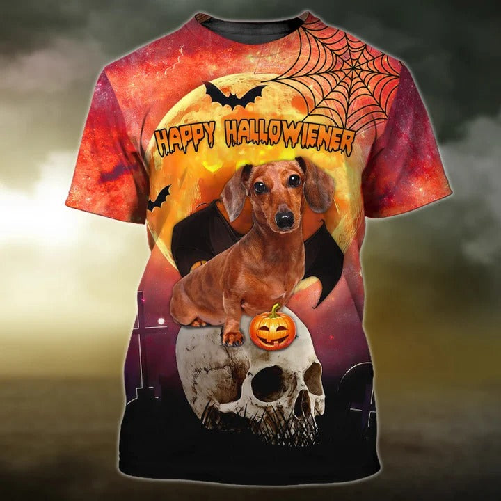 Happy Halloween Dachshund T Shirt, Dog And Skull 3D Print On Shirt, Halloween Gifts