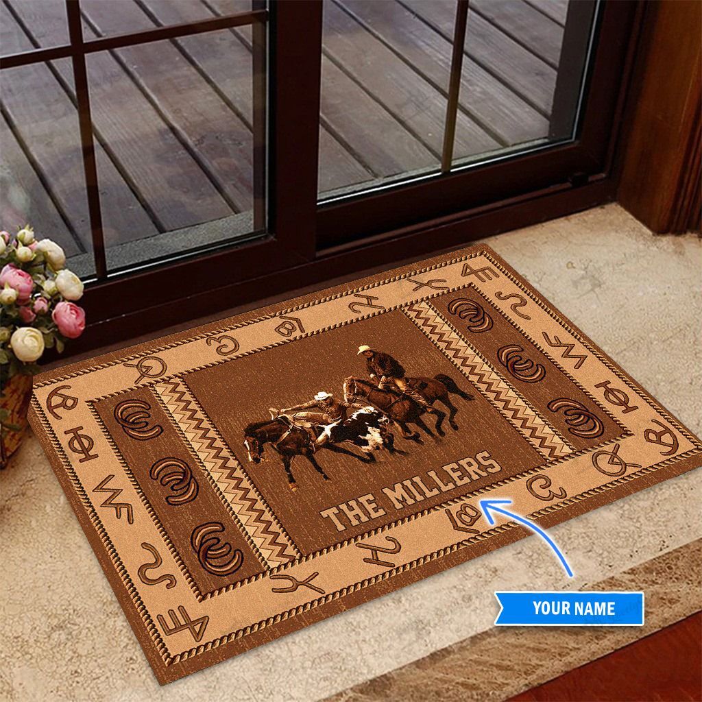 Steer Wrestling Westen Pattern Personalized Custom Name Doormat