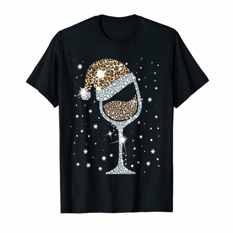 Buffalo Plaid Christmas Glass Of Leopard Wine With Santa Hat T-shirt