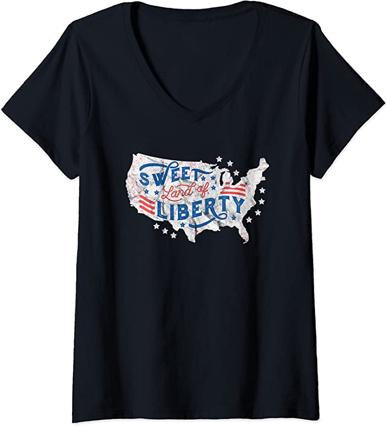 Womens Fourth Of July Sweet Land Of Liberty Vintage Map USA V-Neck T-Shirt