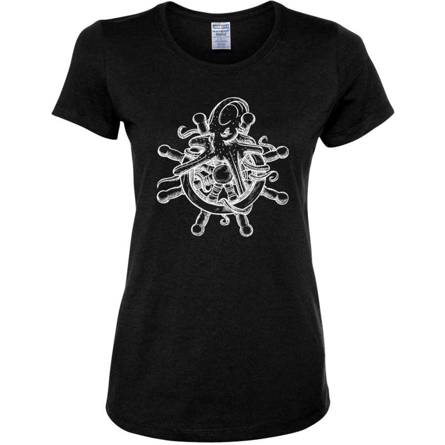 Vintage Pirate Ship Wheel Nautical Sea Octopus Humor Womens Graphic T-Shirt