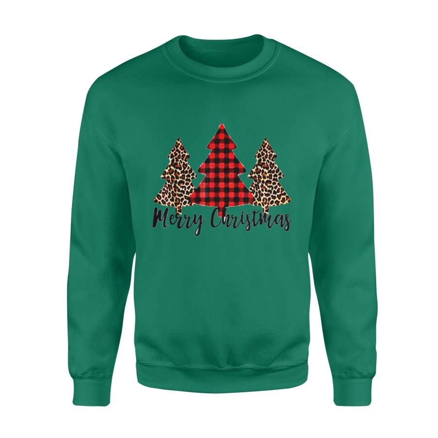 Christmas gift idea Merry Xmas Tree Leopard And Buffalo Plaid Xmas T-shirt – Standard Fleece Sweatshirt