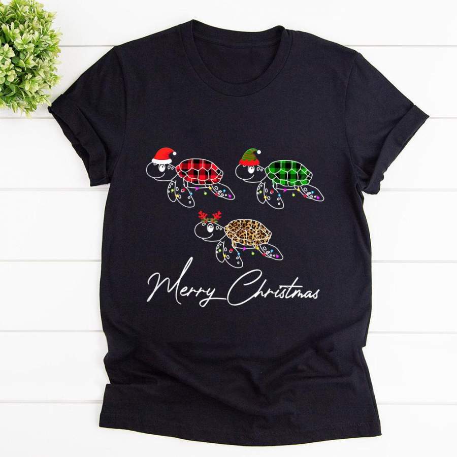 Turtle noel color merry christmas buffalo plaid leopard turtle great holiday gift winter snow holiday black cotton t shirt for men and women S-6XL