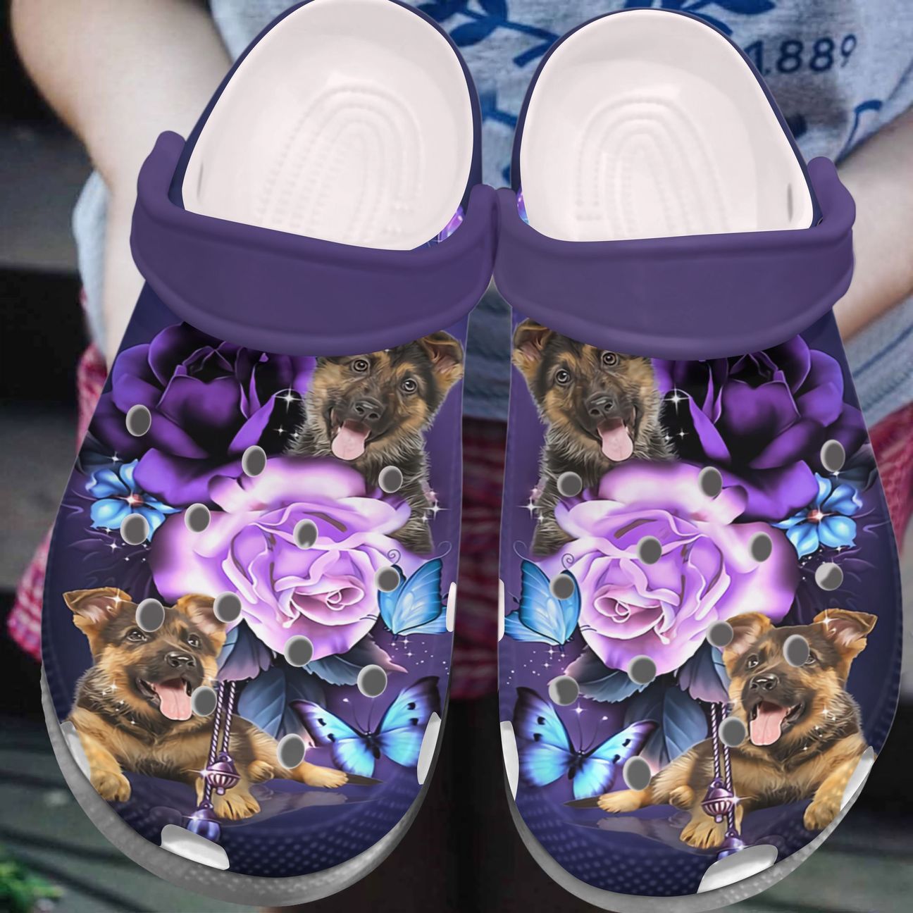 German Shepherd Personalized Clog, Custom Name, Text, Color, Number Fashion Style For Women, Men, Kid, Print 3D German Shepherd & Purple Roses