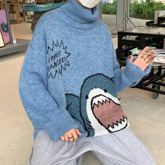 Turtlenecks Shark Sweater Men 2020 Winter Patchwor Harajuku Korean Style High Neck Grey Turtleneck for Men alx