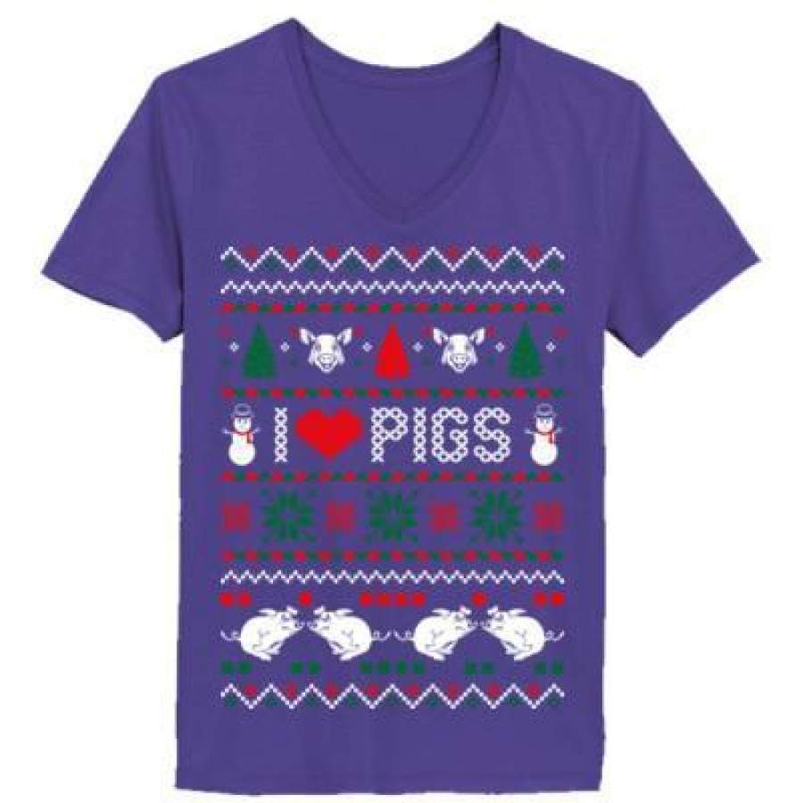 AGR I Love Pigs Ugly Christmas Sweater Xmas – Ladies’ V-Neck T-Shirt