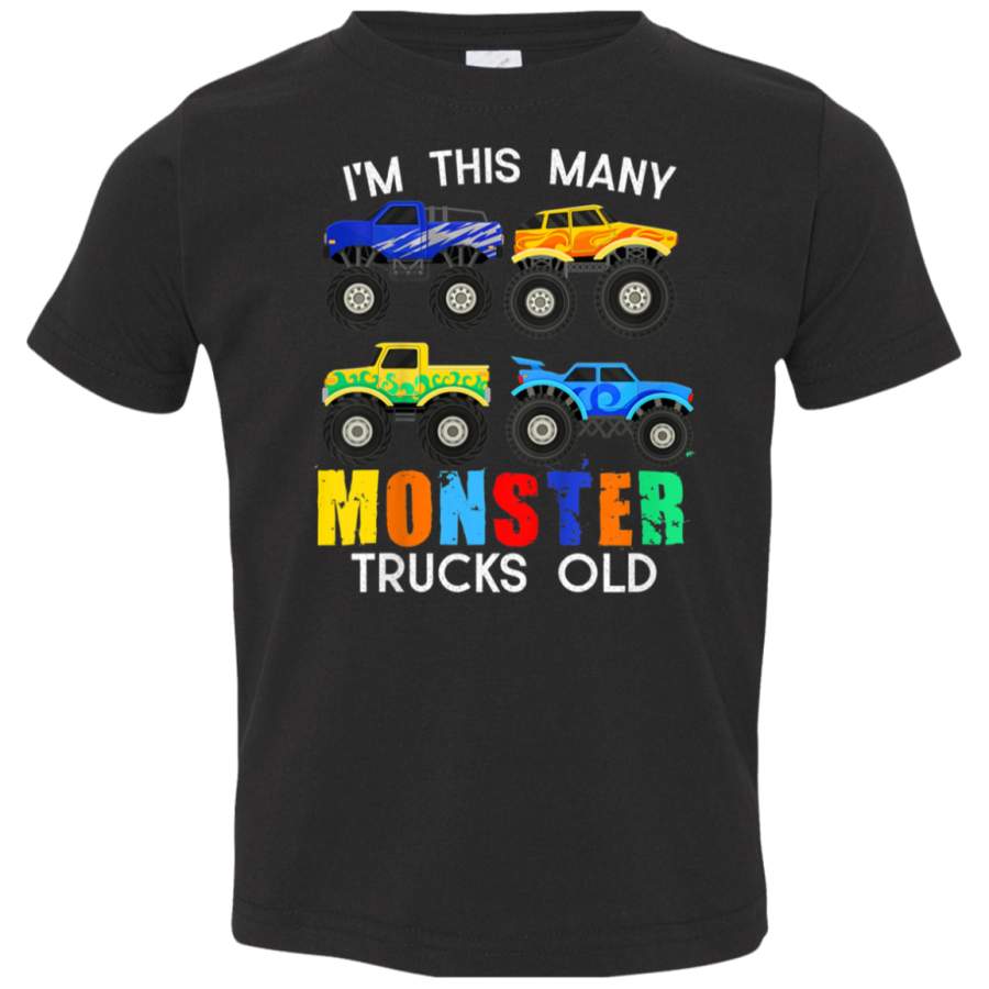 Kids  Im This Many Monster Trucks Old 4th Birthday 4 Toddler  TShirt 3321 Rabbit Skins Toddler Jersey T-Shirt