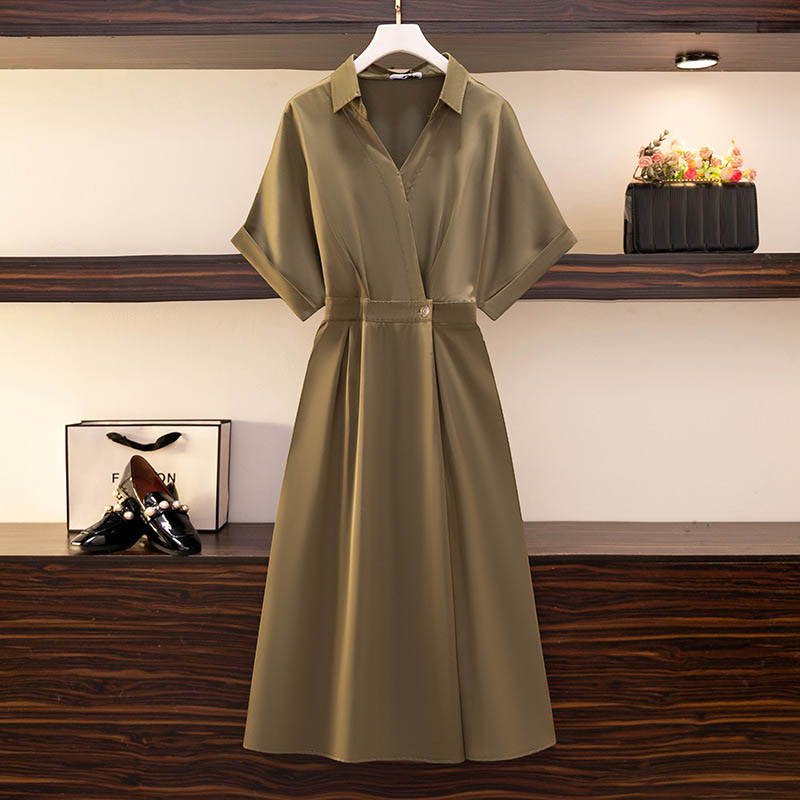 150Kg Plus Size Women’s Temperament Shirt Dress Bust 157 Summer Loose Short-Sleeved V-Neck Waist Long Dress 6XL 7XL 8XL 9XL 10XL alx