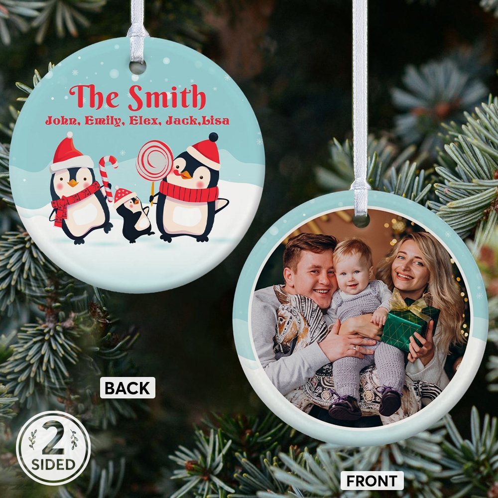 Custom Penguin Family Decorative Christmas Circle Ornament 2 Sided