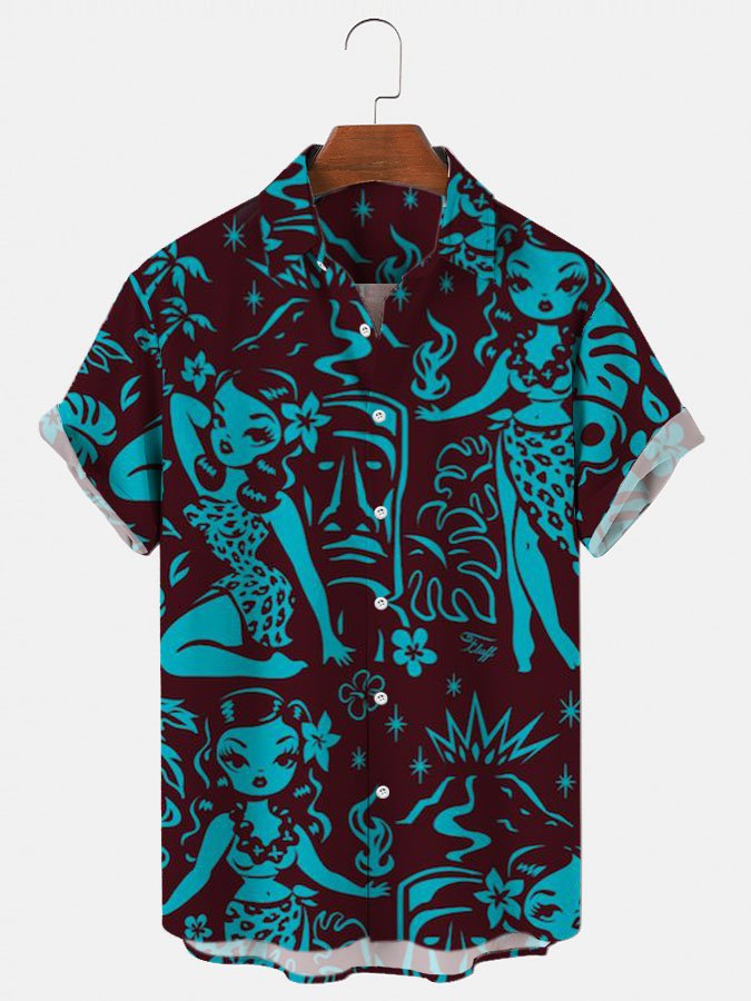 Mens Hawaii Shirt Casual Button Up Short Sleeve Blue Hula Shirts Tops Ha40755