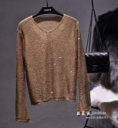 Cakucool Hot Women Gold Lurex Knit Top Pullover Sequined V-neck Long Flare Sleeve Jumpers Beading Knit Thin Sweater Shirt Female alx