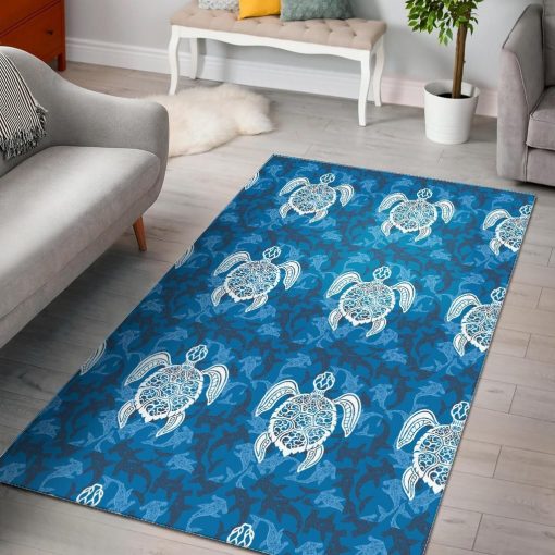 Blue Hawaiian Shark Sea Turtle Pattern Print Area Rug Living Room Rug Home Decor