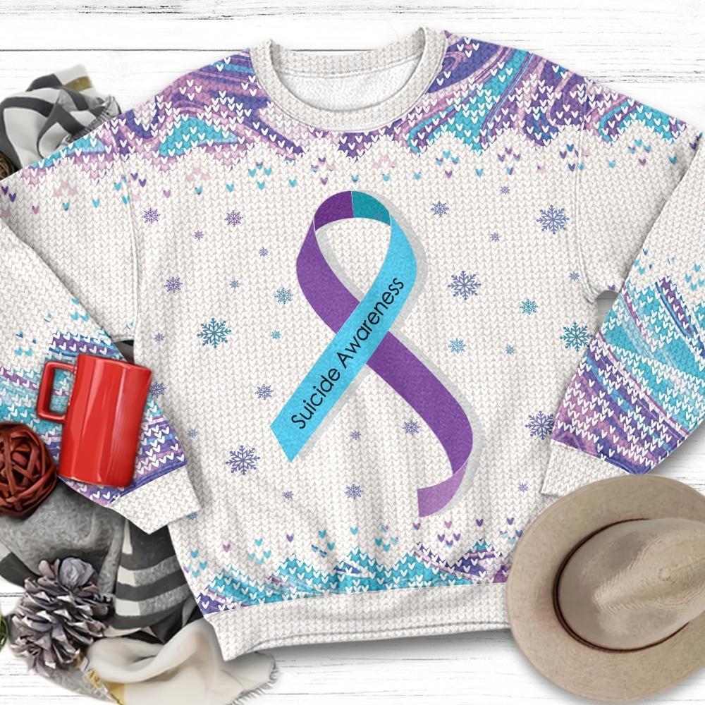 Teal And Purple Ribbon Suicide Prevention Awareness Ugly Christmas Sweater | Unisex | Adult | Us3204