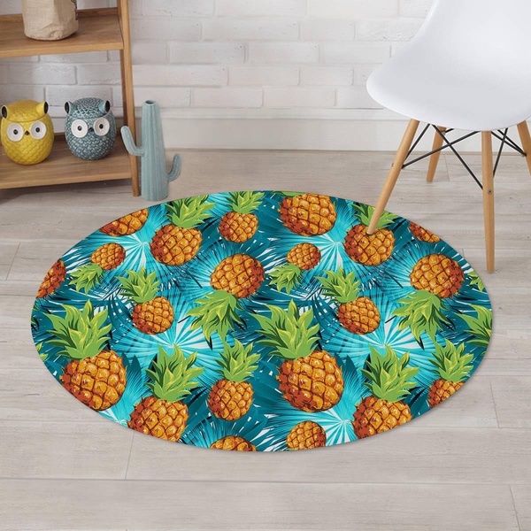 Blue Tropical Hawaiian Pineapple Print Round Rug