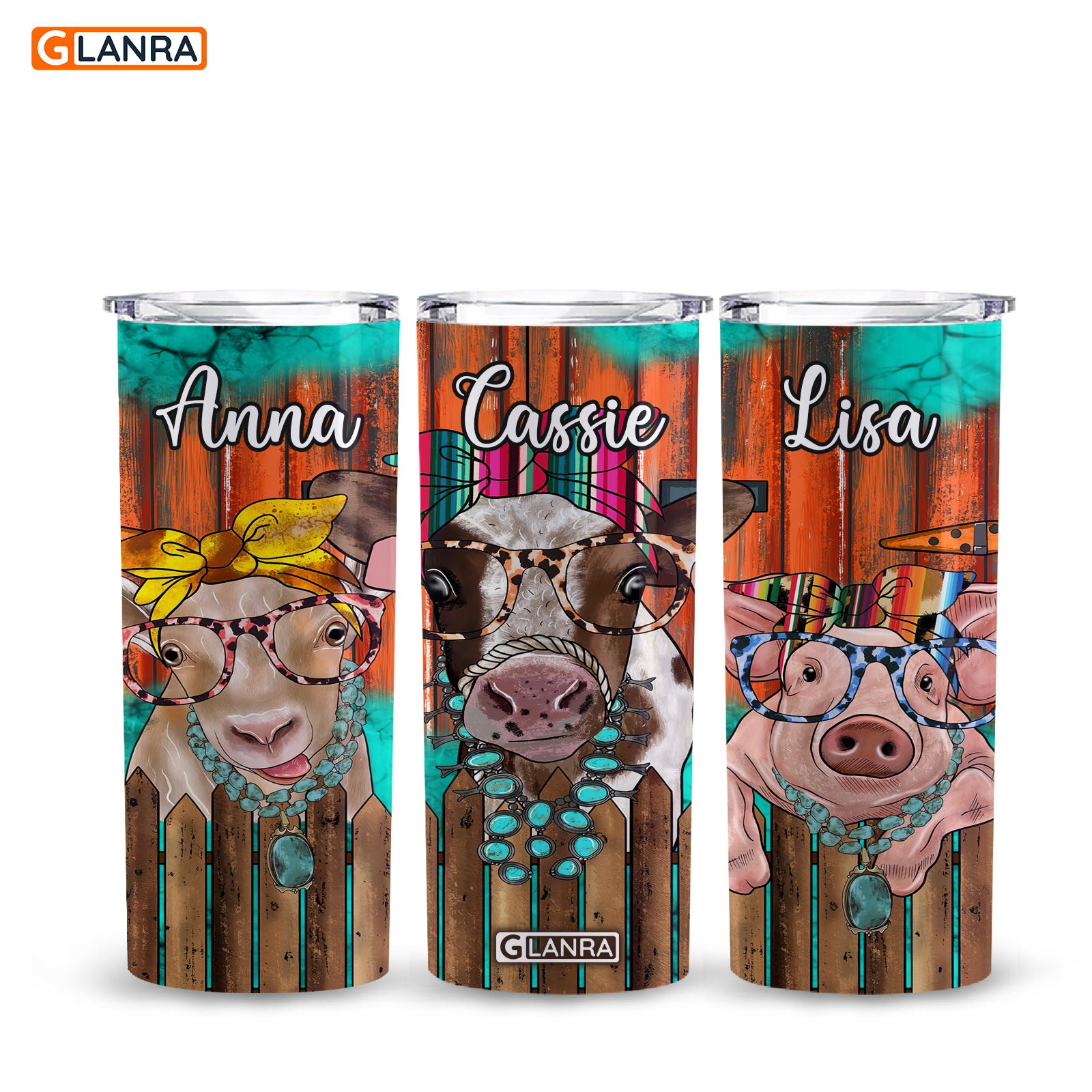 Personalized Farm Animals Skinny Tumbler, Custom Farm Skinny Tumbler, Funny Cow Pig Glitter Water Bottle, Stainless Steel Tumbler, Metal, Insulated