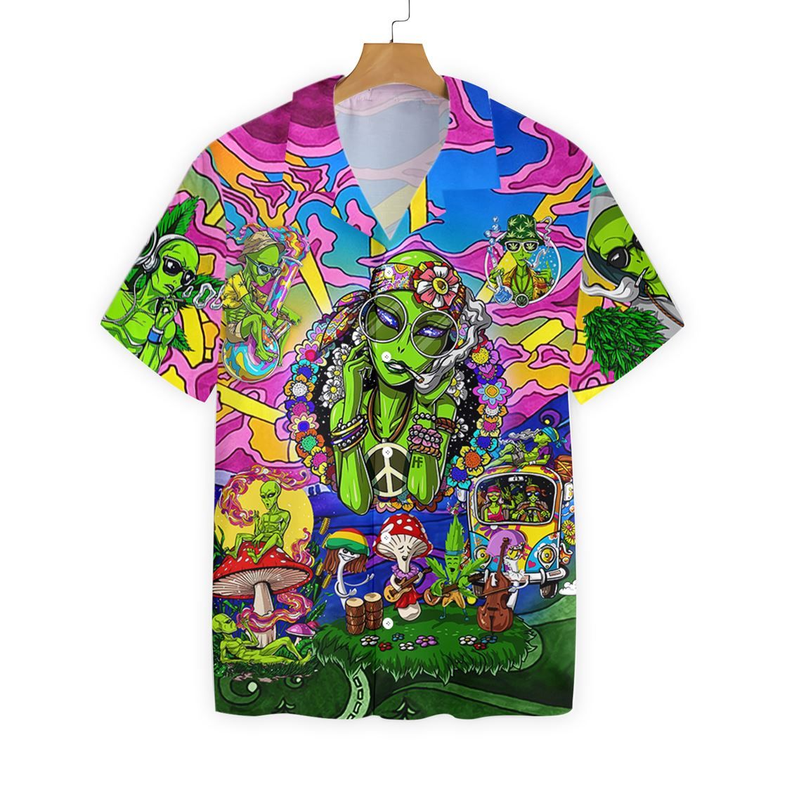 Alien Hawaiian Shirt Hippie Alien Pink Blue Green Hawaii Aloha Shirt