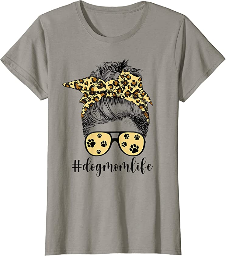 Womens Dog Mom Life Messy Bun Hair Leopard Bandana Funny Dog Lovers T-Shirt