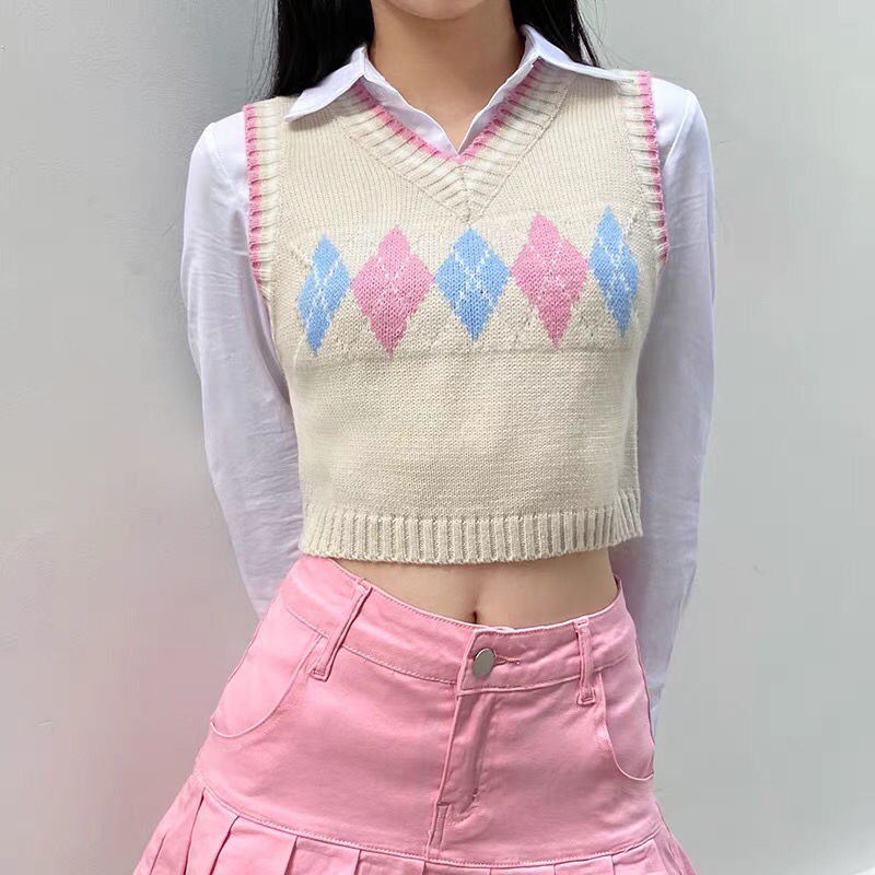 Women Sweater Vests Slim Argyle Sweet Hot Crop Tops Chic All-match Ulzzang Students Japan Style Temperament Casual Jumpers Retro alx