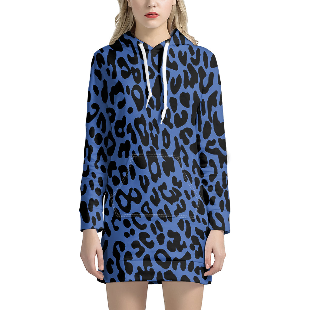 Blue Leopard Print Women’S Pullover Hoodie Dress