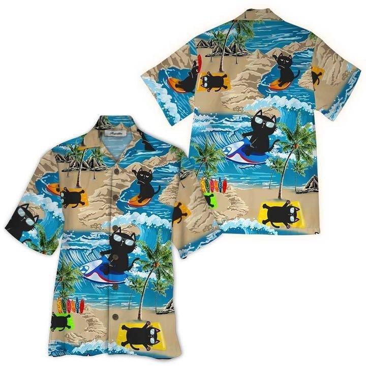 Black Cat Surfing On Island Hawaii Aloha Shirts Dh Ha55376