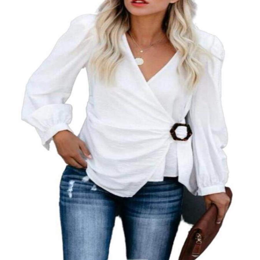 Women Leopard Print Square Button V-Neck Knot Solid Color Shirt