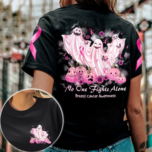 No One Fights Alone Breast Cancer Awareness Boo Ghost And Jack O Lantern Pink Pumpkin Halloween Breast Cancer 3D Clothes