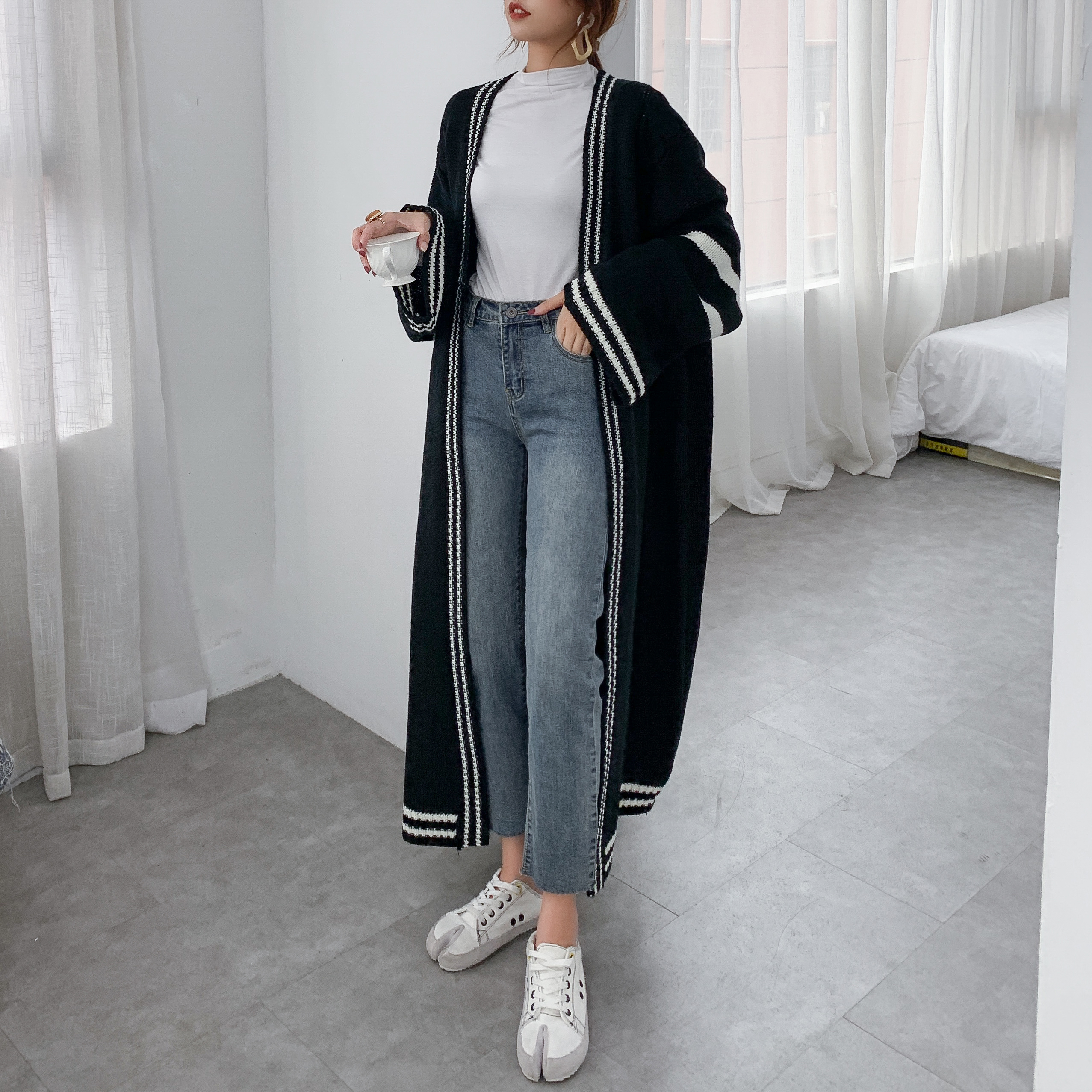 [ZAYAU]Autumn and Winter Long Thickened Sweater Coat women’s Korean Stripe Loose Large Size Lazy Wind Knee Thick Cardigan alx