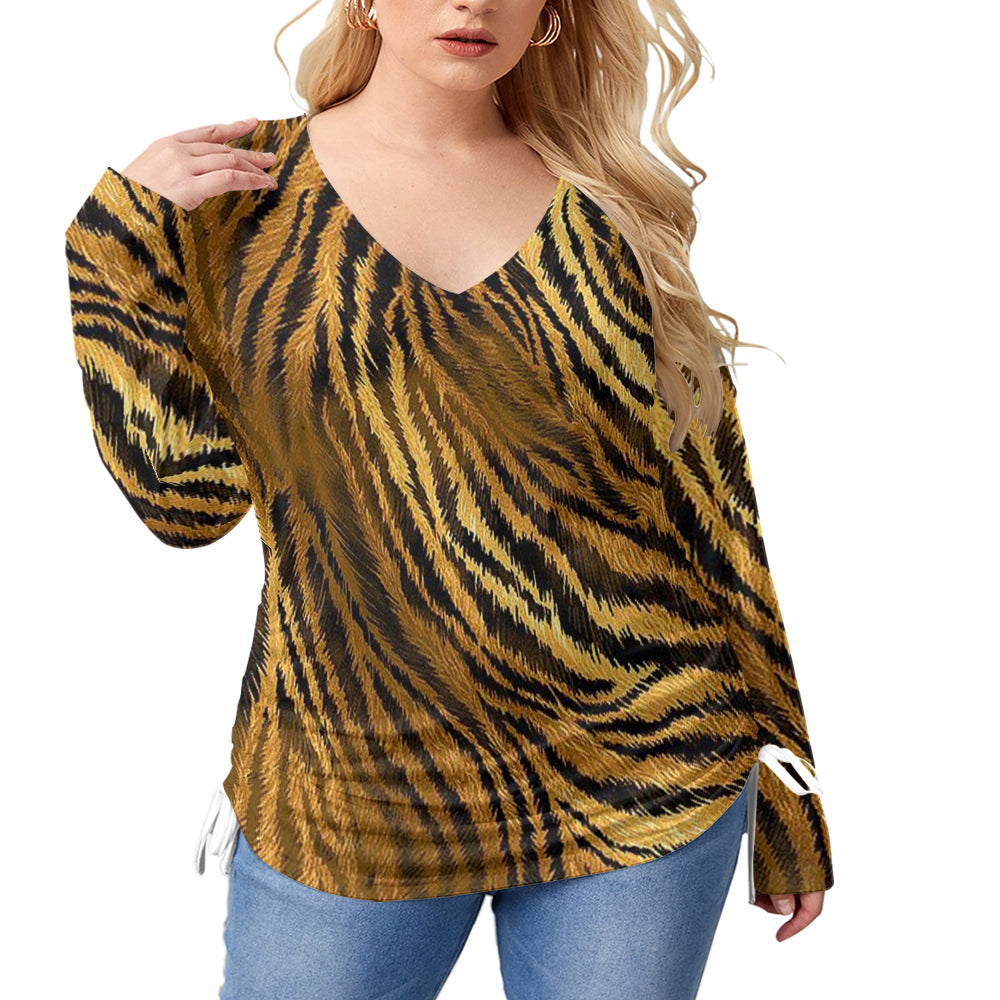 Tiger Skin Print V-Neck Plus Size T-Shirt