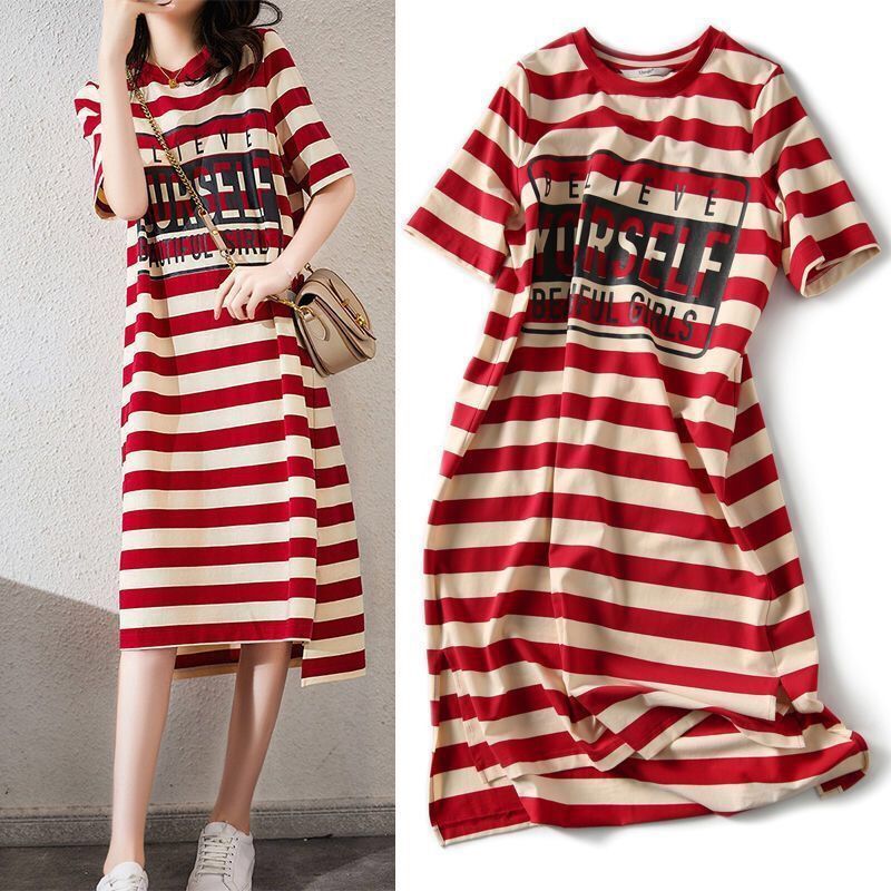 AECU Midi T Shirt Dress Women Summer Casual Striped Long Dresses O Neck Plus Size T Shirt Dress Short Sleeve Dresses Vestidos alx