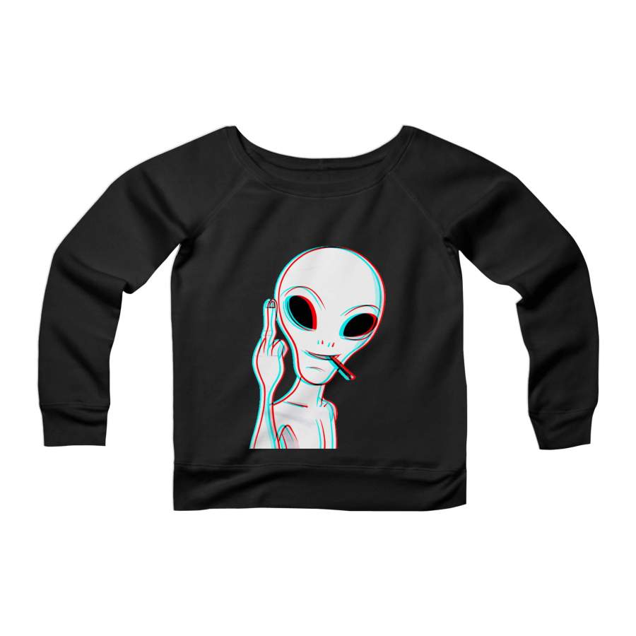 Dope House Trippy Alien Hipster Finger Flip Middlefinger 3d Psychedelic CPY Womans Wide Neck Sweatshirt Sweater