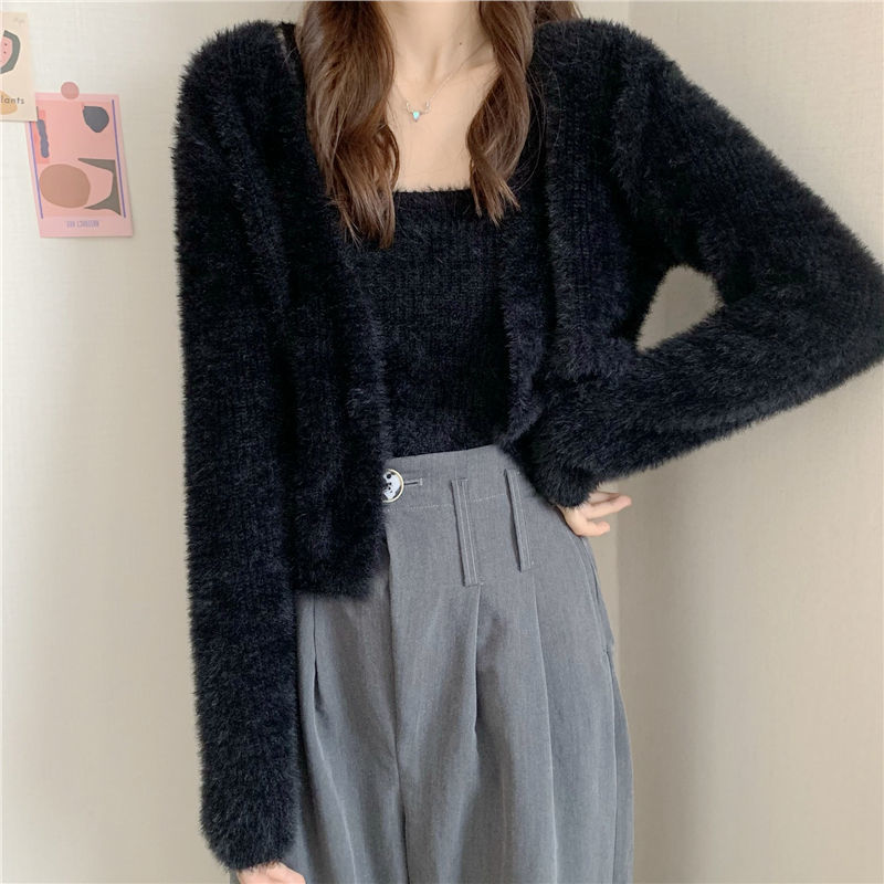 Sweet Faux Mink Knitting Suits For Women Spring Autumn High Street Crop Long Sleeve Cardigans + Camisole Harajuku Sweater Set alx