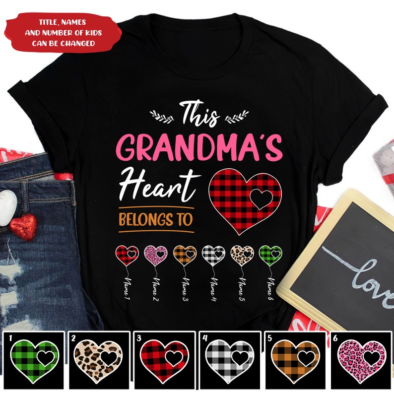 Personalized This Grandma’S Hearts Belongs To Shirt, Colorful Buffalo Plaid Leopard Heart Grandkids, Valentines Gift For Grandma