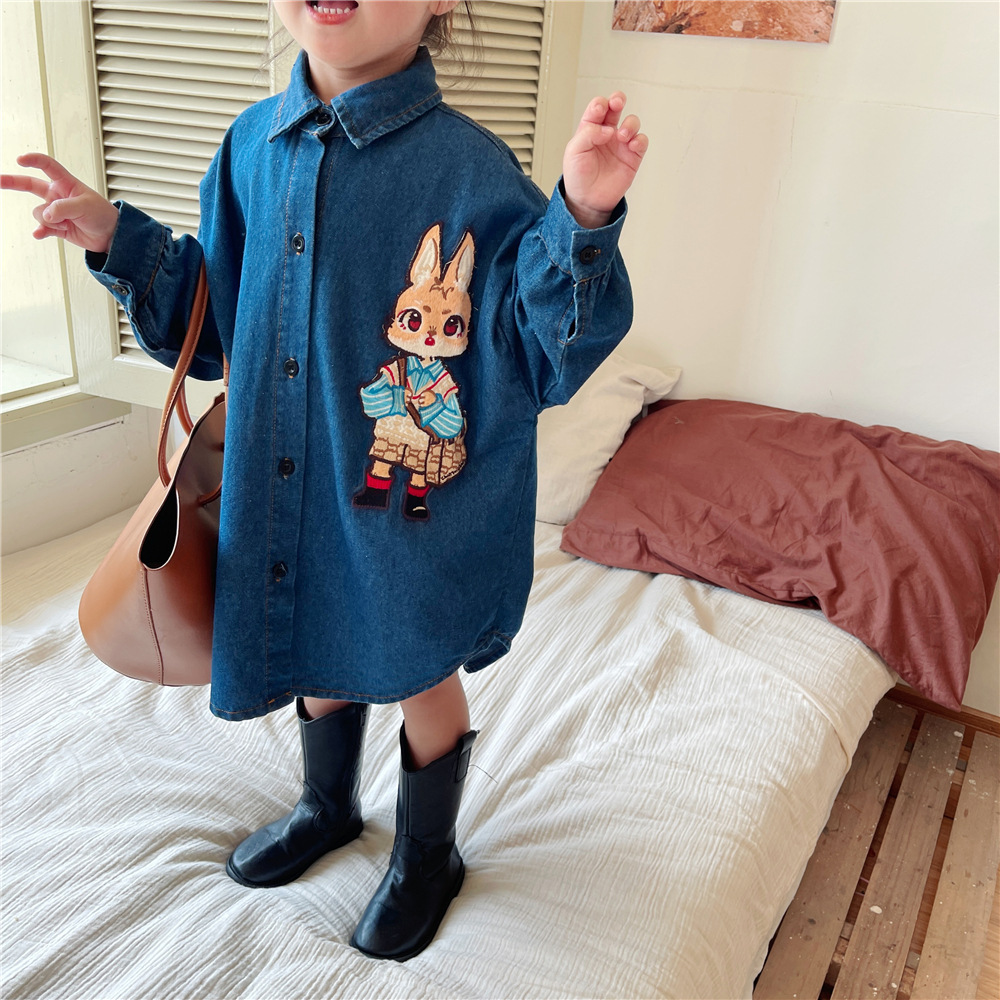 3248C 2022 Autumn Girl Dress New Korean Fashionable Cartoon Rabbit Girl Denim Skirt Long Sleeve Embroidery Girl Shirt Dress alx