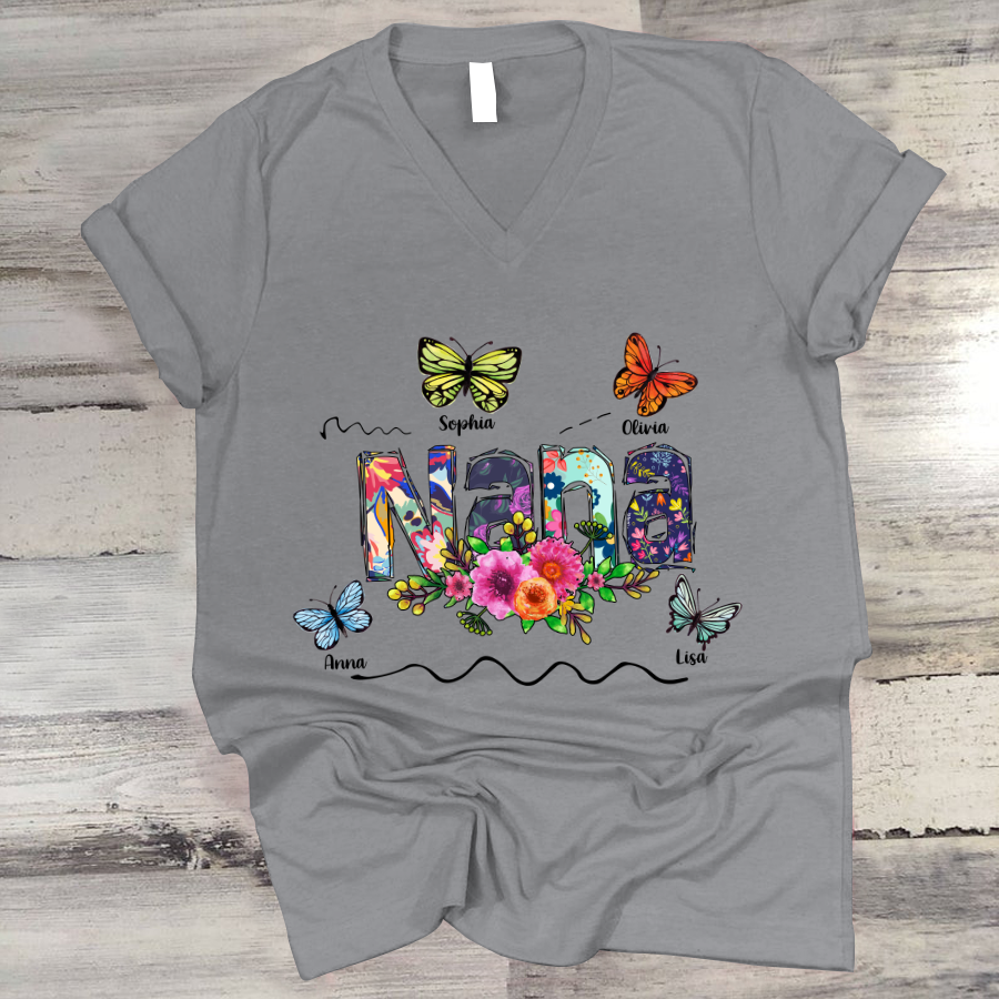 Nana Flower Butterfly Custom Names V-Neck