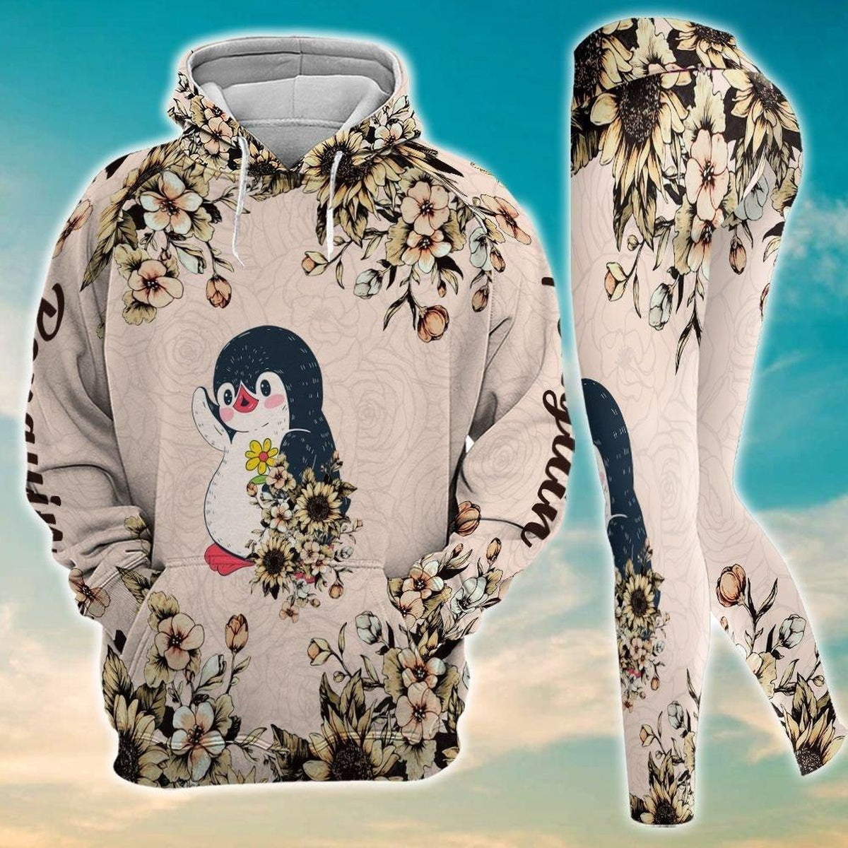 Penguin Flowers Cream Legging Hoodie , Penguin Legging Hoodie