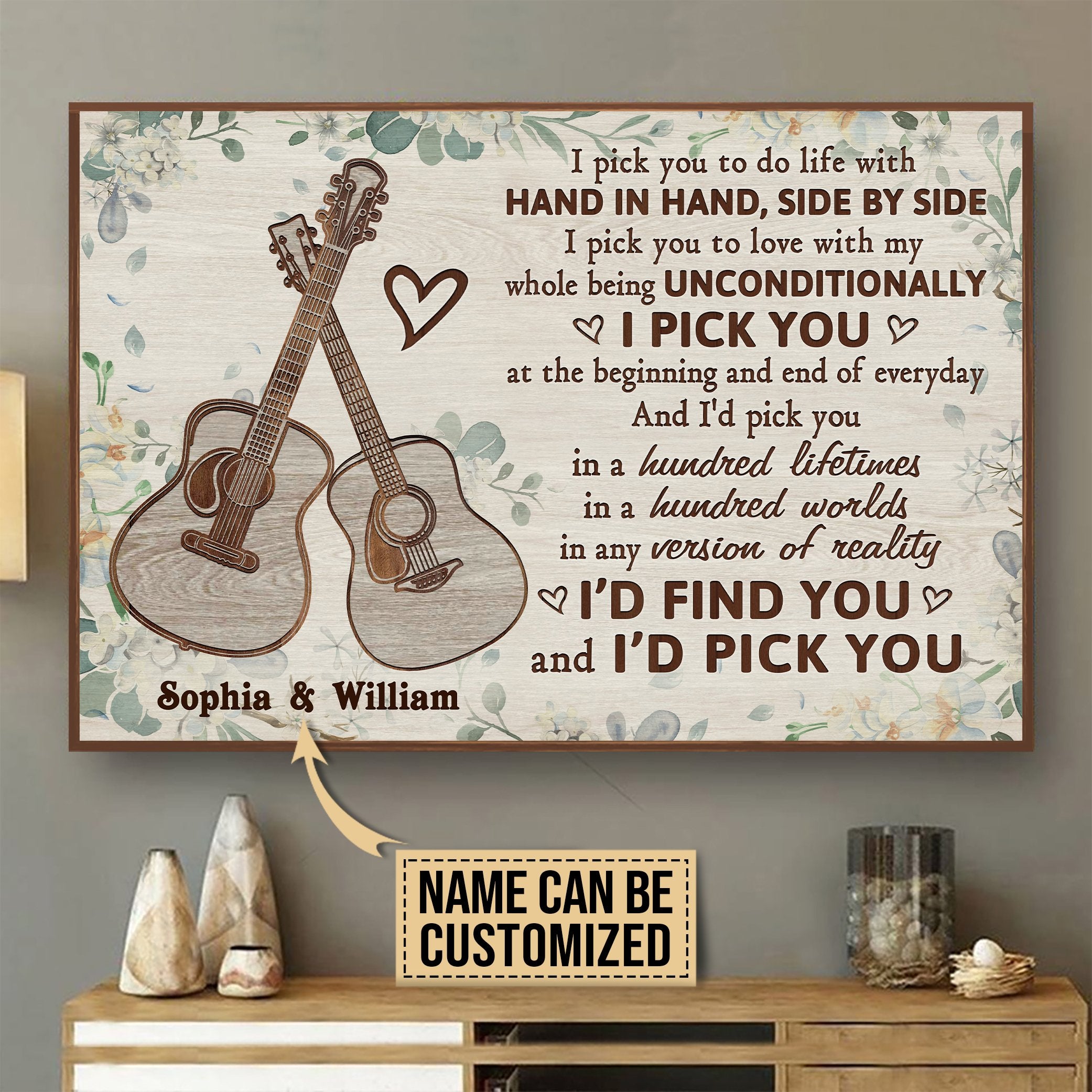 Aeticon Gifts Personalized Acoustic Guitar Floral I Pick You Canvas Mom Dad Gift Home Decor