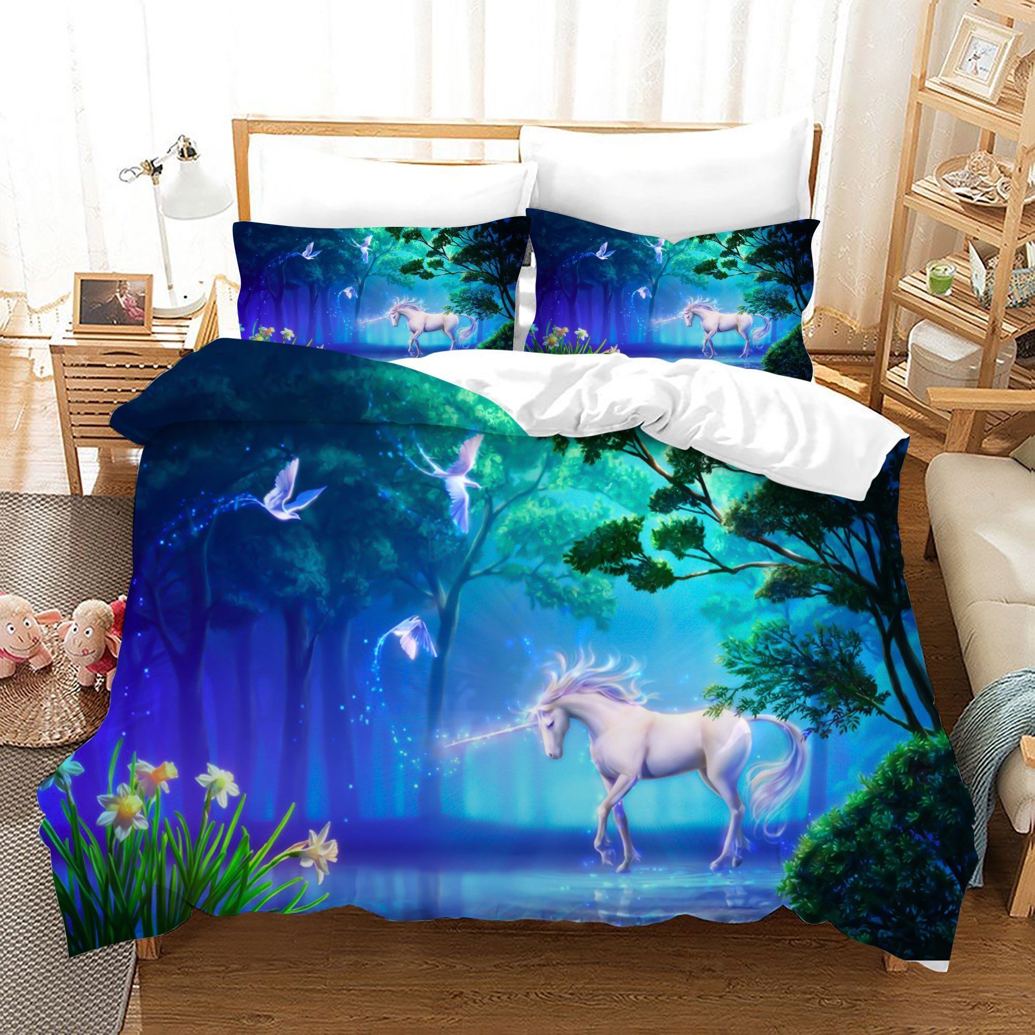 3D Blue Forest Dreamlike Unicorn Bedding Set Bedroom Decor